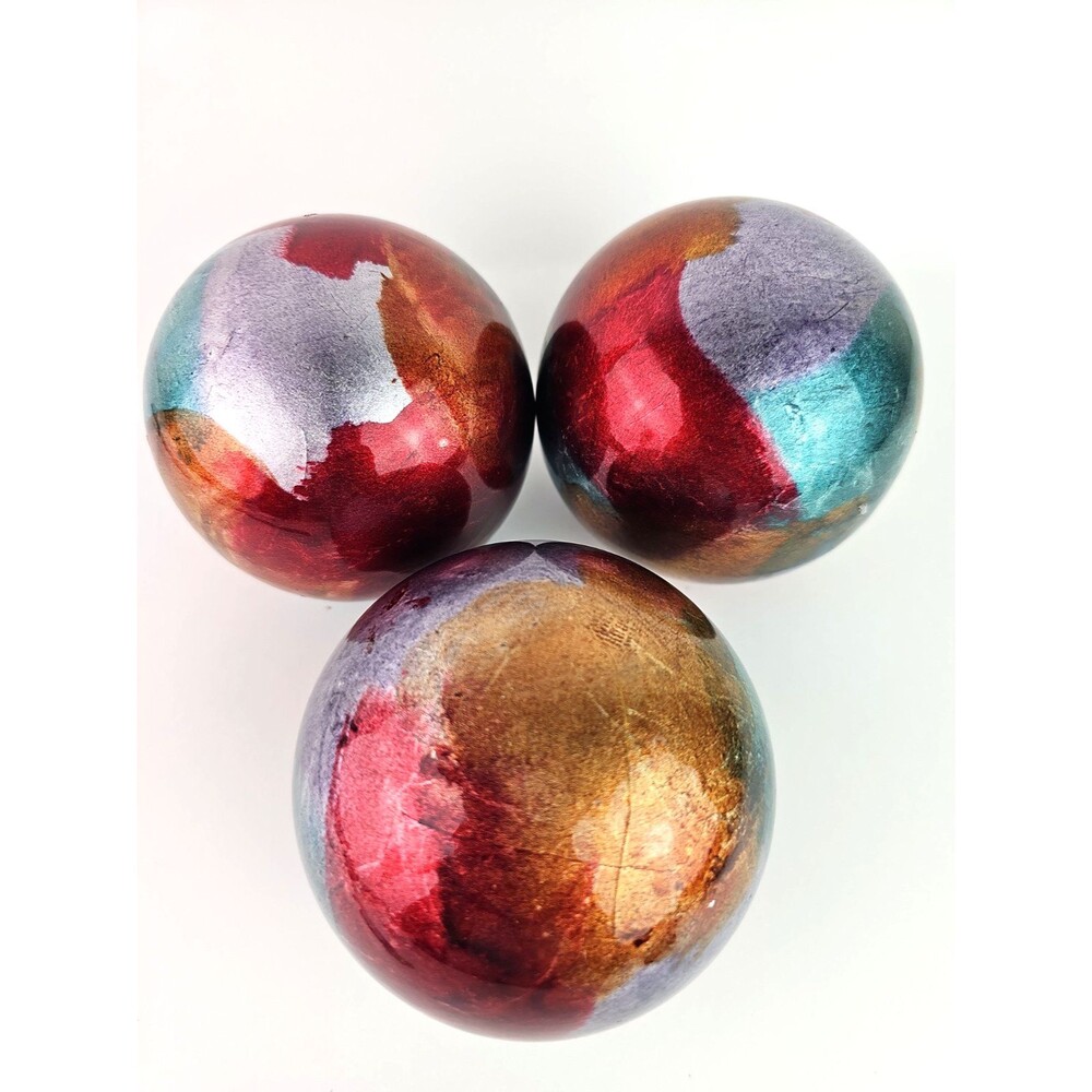 Pier 1 Imports Ceramic Foil Sphere Ball Décor Red Blue Gold Metallic Orb Set 3